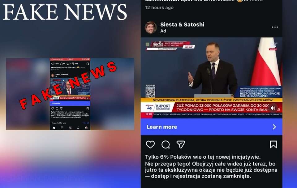 Zrzut ekranu fałszywych treści / autor: Telewizja wPolsce24