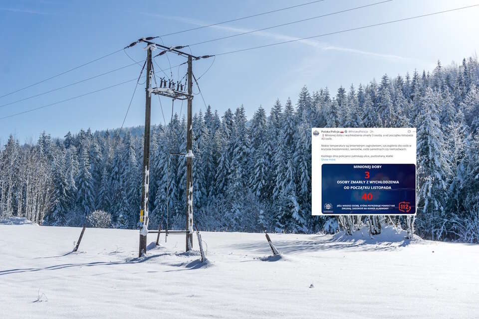 Siarczyste mrozy. Tysiące Polaków bez prądu. Kolejne zgony. Policja zaapelowała o brak obojętności. "Jeden telefon może uratować". Na zdjęciu linia przesyłowa zimą  / autor: Fratria/X-Polska Policja (screen)