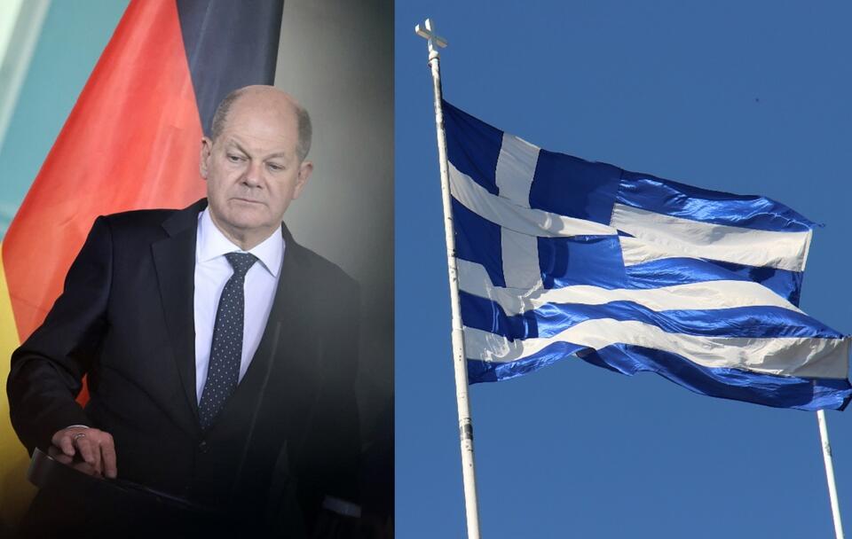 Kanclerz Niemiec Olaf Scholz (SPD); flaga Grecji / autor: PAP/EPA; Fratria