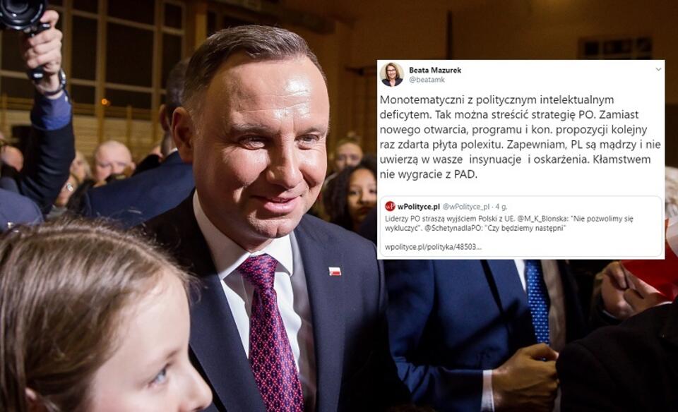 Prezydent Andrzej Dudy; wpis Beaty Mazurek na Twitterze / autor: PAP/Jerzy Muszyński; Twitter/Beata Mazurek