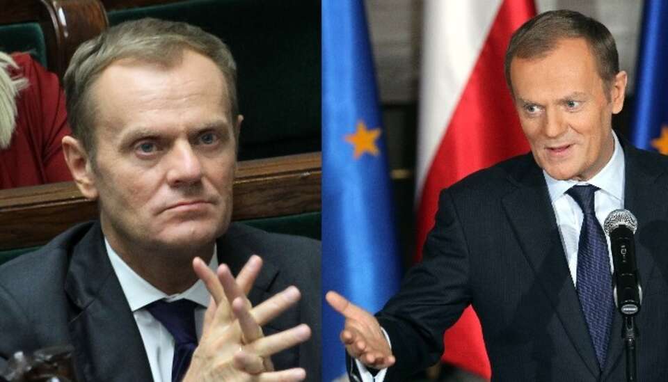 Z lewej poważny premier Donald (12 października 2012 r.),  z prawie rubaszny premier Tusk (30 grudnia 2012 r.), fot. PAP