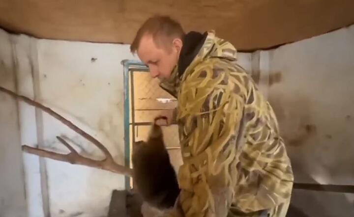 Rosjanin zabierający szopa z klatki zoo w Chersoniu / autor: Twitter