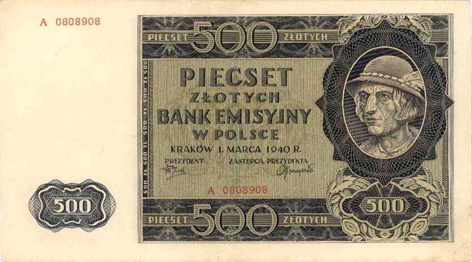 Awers banknotu o nominale 500 zł emitowanego podczas okupacji przez Niemców - te „pięćsetki” ochrzczono właśnie „góralami”