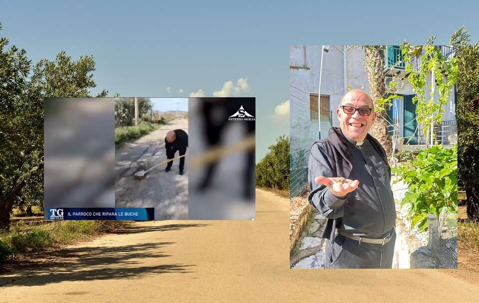 Proboszcz zakasał rękawy... i sam naprawia podziurawioną drogę