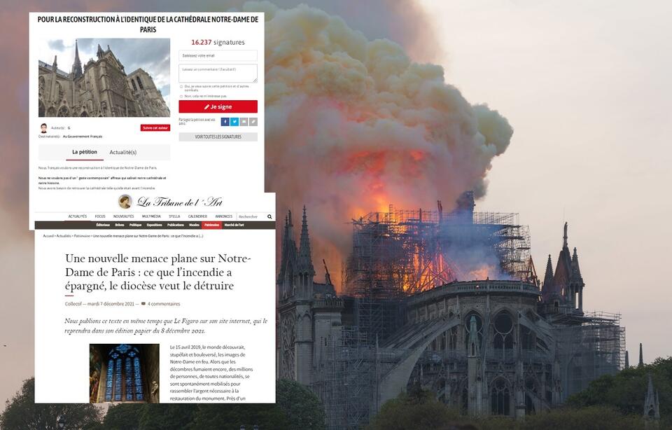 Pożar katedry Notre Dame w 2019 roku / autor: wikimedia commons/GodefroyParis/CC BY-SA 4.0; mesopinions.com/latribunedelart.com
