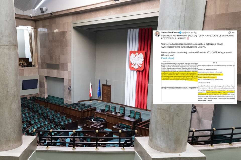 na zdjęciu Sala Posiedzeń Sejmu - poseł PiS Sebastian Kaleta stwierdza, że izba wyższa musi ratyfikować decyzję premiera Donalda Tuska na szczycie UE w sprawie pożyczki dla Ukrainy / autor: Fratria/X