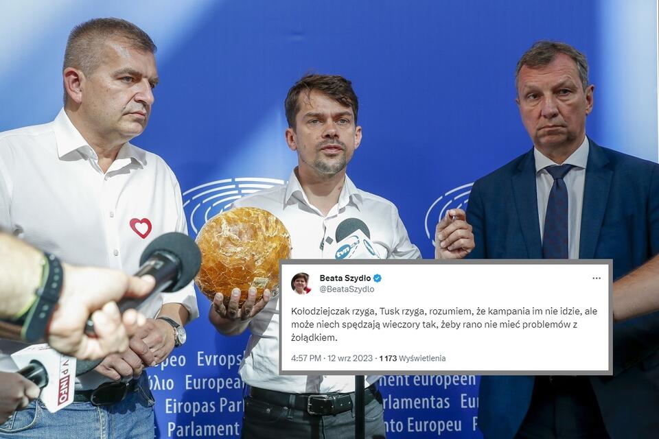 Michał Kołodziejczak i europosłowie PO Bartosz Arłukowicz oraz Andrzej Halicki w Strasburgu / autor: PAP/EPA; Twitter(X)/Beata Szydło