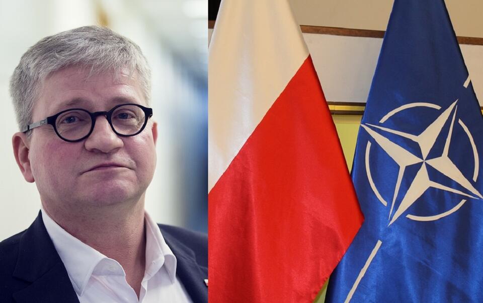 Szef BBN Paweł Soloch/Flagi Polski i NATO / autor: Fratria