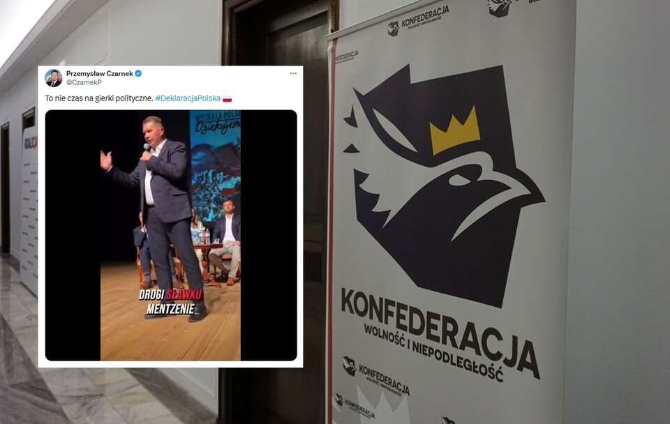 W tle arch. zdjęcie baneru Konfederacji w Sejmie / autor: Fratria, X/Przemysław Czarnek