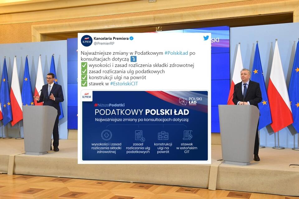 Premier Mateusz Morawiecki oraz sekretarz stanu w Ministerstwie Finansów Sebastian Skuza podczas konferencji prasowej w siedzibie KPRM / autor: PAP/Radek Pietruszka; Twitter/KPRM
