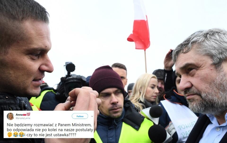 Minister rolnictwa Jan Krzysztof Ardanowski rozmawia z protestującymi, obok lider ruchu AGROunia Michał Kołodziejczak / autor:  	PAP/Jacek Turczyk/Twitter