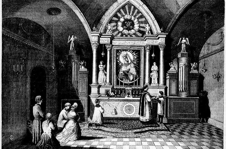 Msza w kaplicy Ostrobramskiej, w Wilnie. Grafika opublikowana w 1864 / autor: Wikipedia/Domena publiczna