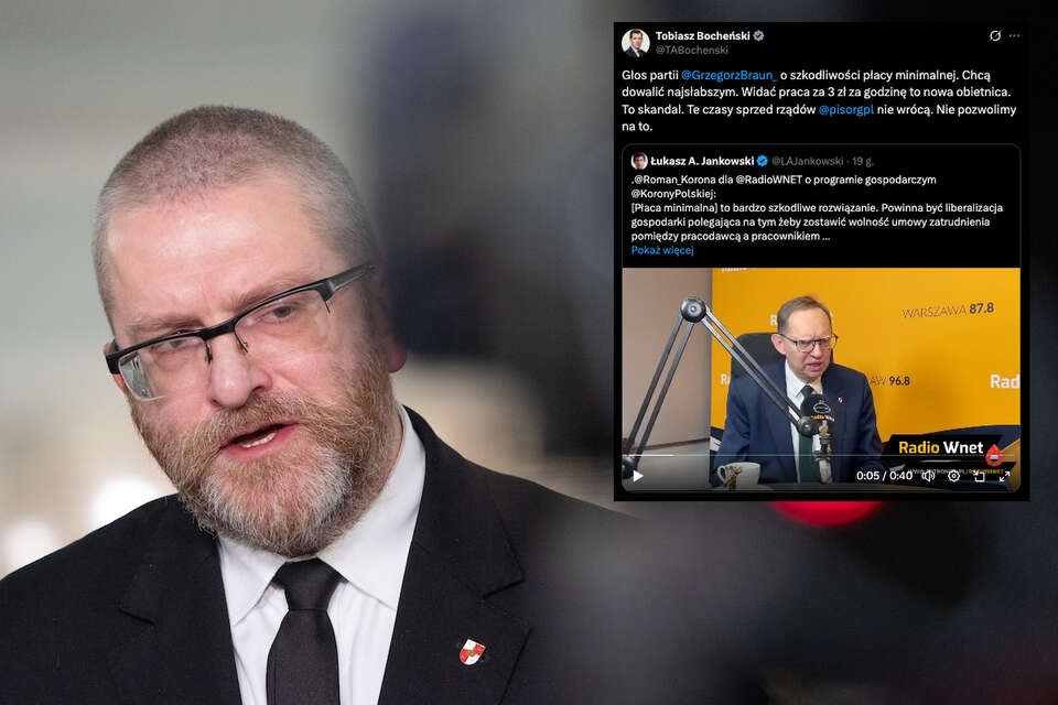 Na zdjęciu Grzegorz Braun, w miniaturze wpis Łukasza Jankowskiego z rozmową z Romanem Fritzem w Radiu Wnet / autor: Fratria/X