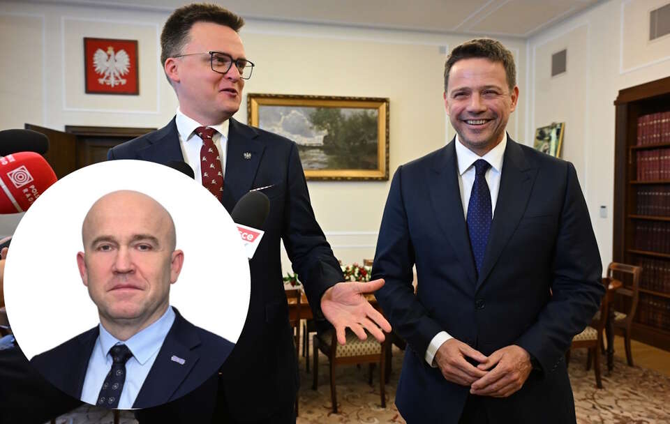 Szymon Hołownia, Rafał Trzaskowski, Dariusz Mazur / autor: PAP/Radek Pietruszka
