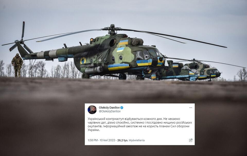 Na zdjęciu ukraiński żołnierz przechodzi obok helikopterów w nieujawnionym miejscu we wschodniej Ukrainie / autor: PAP/EPA; Twitter/Oleksiy Danilov