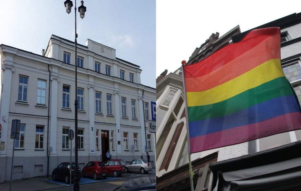 Budynek Sądu Rejonowego w Płocku i flaga środowisk LGBT / autor: Fratria