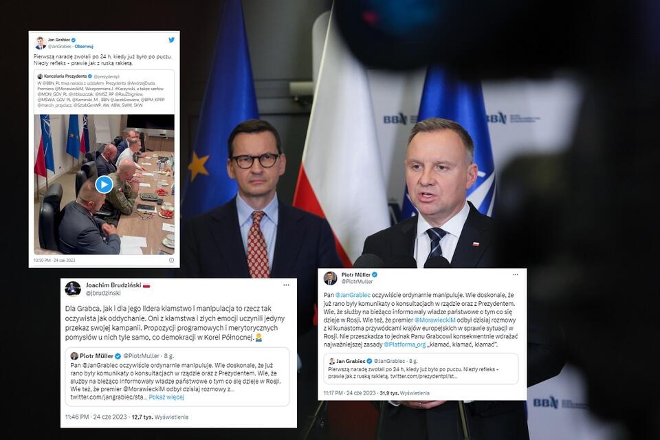 Prezydent RP Andrzej Duda i premier Mateusz Morawiecki podczas konferencji prasowej w siedzibie Biura Bezpieczeństwa Narodowego / autor: PAP/Paweł Supernak; Twitter