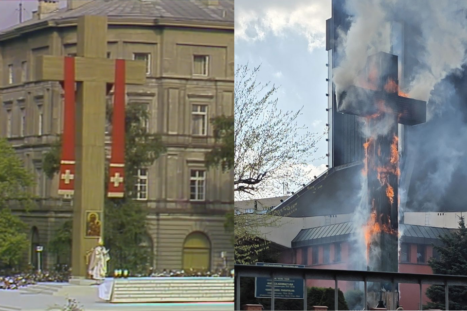 Św. Jan Paweł II na Pl. Zwycięstwa 2 czerwca 1979 / Krzyż papieski / autor: YouTube / Facebook