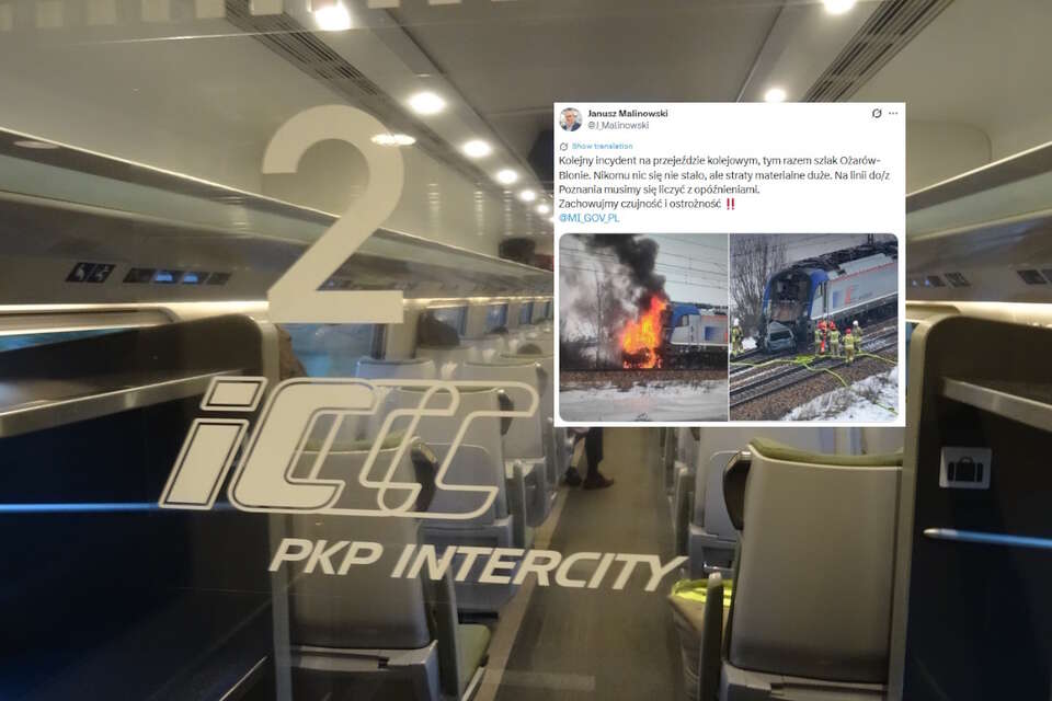 Chwile grozy na przejeździe kolejowym. Pociągi uderzyły w samochód - wybuchł pożar. Ewakuowano około 300 pasażerów. Na zdjęciu wnętrze PKP Intercity oraz wpis Janusza Malinowskiego (screen z X) / autor: Fratria/X-Janusz Malinowski (screen)