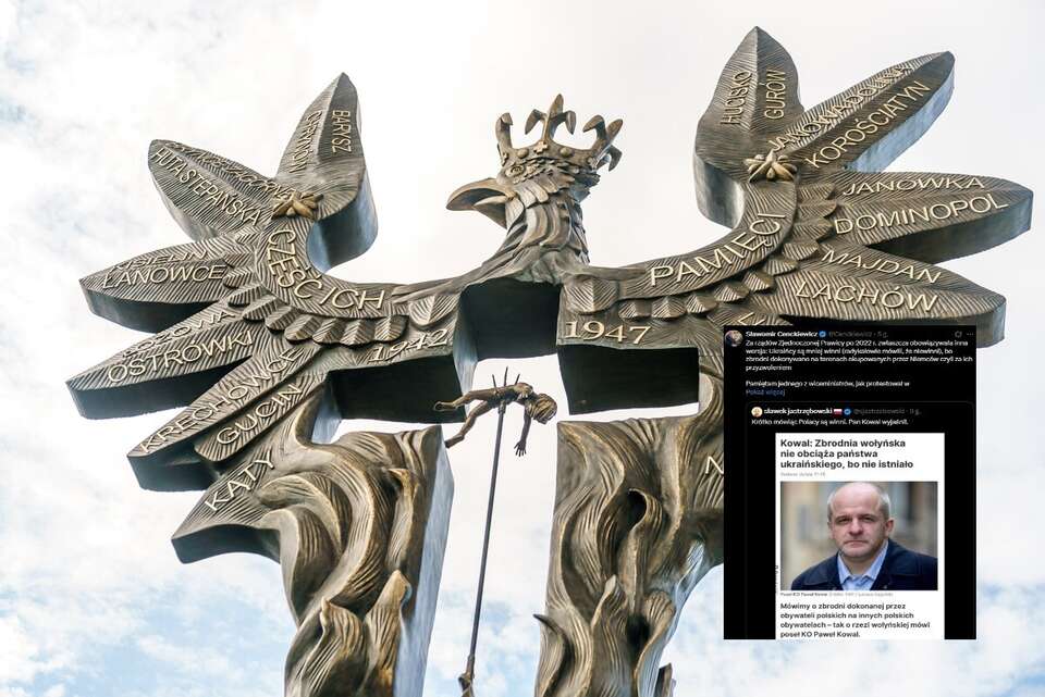 Pomnik ofiar OUN/UPA w Domostawie oraz wpis Sławomira Cenckiewicza z portalu X / autor: Fratria/X-Sławomir Cenckiewicz
