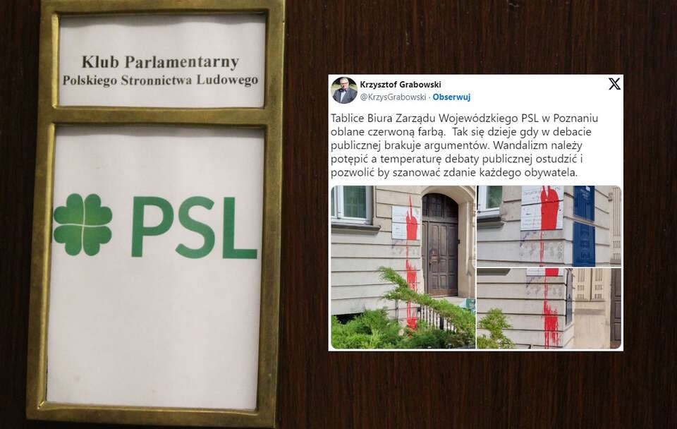 Siedziba PSL w Poznaniu została oblana czerwoną farbą