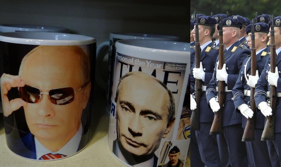 Kubki z Putinem w moskiewskim sklepie z pamiątkami/Kompania reprezentacyjna Bundeswehry / autor: Fratria