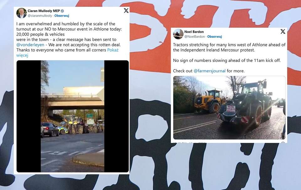 Kilka tysięcy irlandzkich rolników protestowało w Athlone przeciwko umowie UE–Mercosur. / autor: PAP/Paweł Supernak