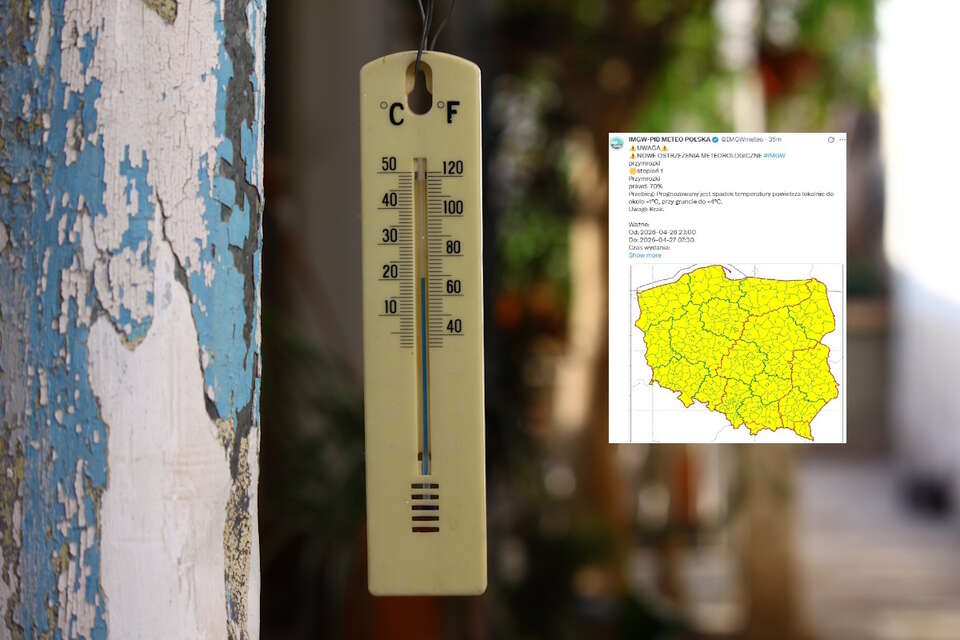 Termometr zewnętrzny oraz wpis IMGW-PIB METEO POLSKA (screen) / autor: pixabay.com/X-IMGW-PIB METEO POLSKA (screen)