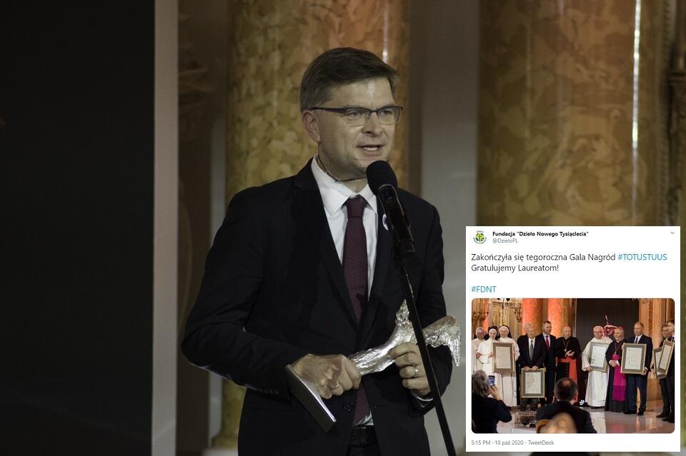 Grzegorz Górny po odebraniu nagrody Totus Tuus / autor: Twitter/Fundacja Dzieło Nowego Tysiąclecia/ @DzieloPL
