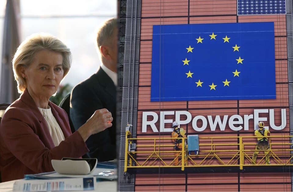 Przewodnicząca Komisji Europejskiej Ursula von der Leyen  i budynek KE / autor: PAP/EPA, Fratria