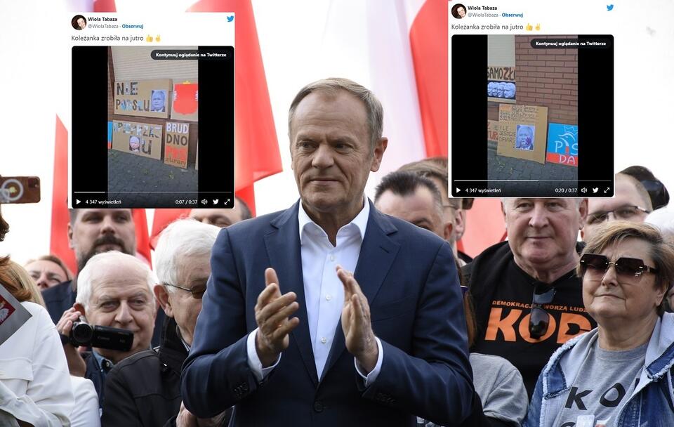 Donald Tusk/transparenty na marsz 4 czerwca / autor: Fratria/fot. Liudmyla Kazakova/Twitter Wiola Tabaza