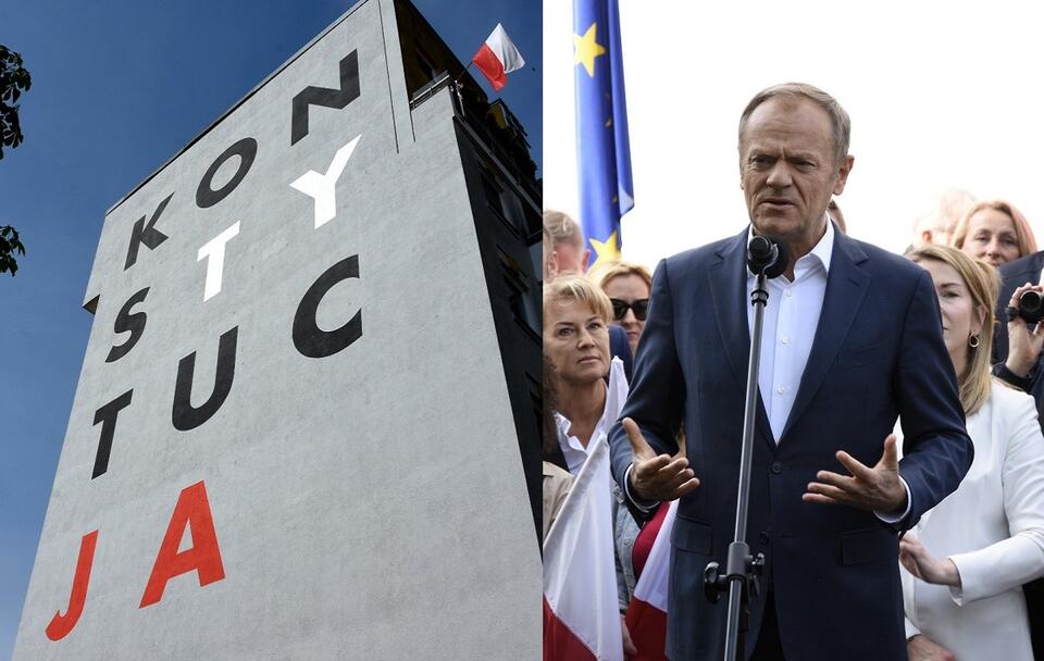 Lider PO Donald Tusk podczas odsłonięcia muralu KONSTYTUCJA w Warszawie / autor: Fratria/Liudmyla Kazakova