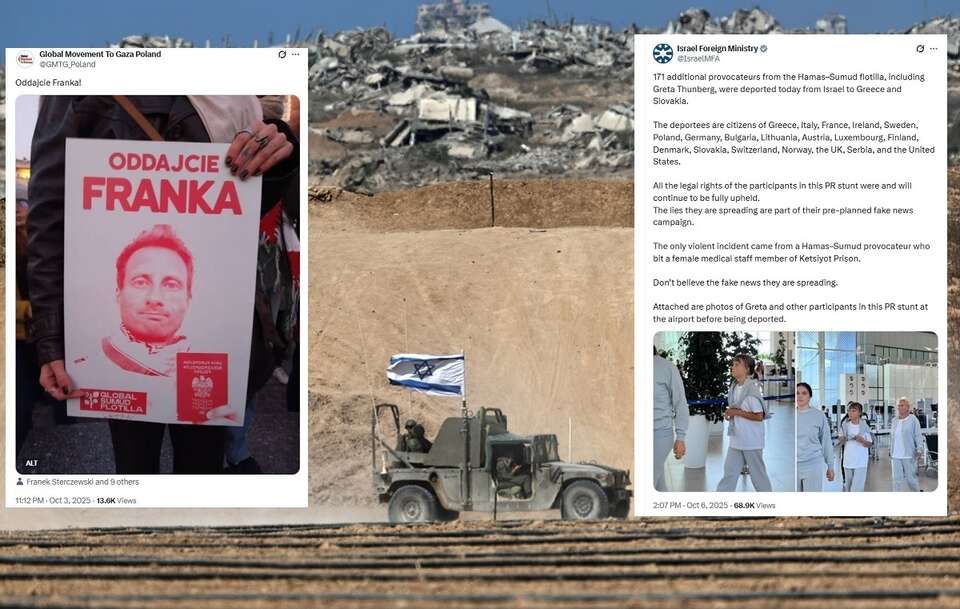Izraelski patrol/Plakat z manifestacji w Krakowie/Deportacja Grety Thunberg / autor: PAP/EPA/ATEF SAFADI/X:@GMTG_Poland/@IsraelMFA