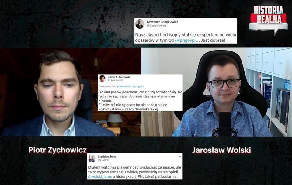 Rozmowa Piotra Zychowicza i Jarosława Wolskiego na kanale HISTORIA REALNA/ Wpisy z Twittera / autor: YouTube/HISTORIA REALNA (screenshot); Twitter (screeny)