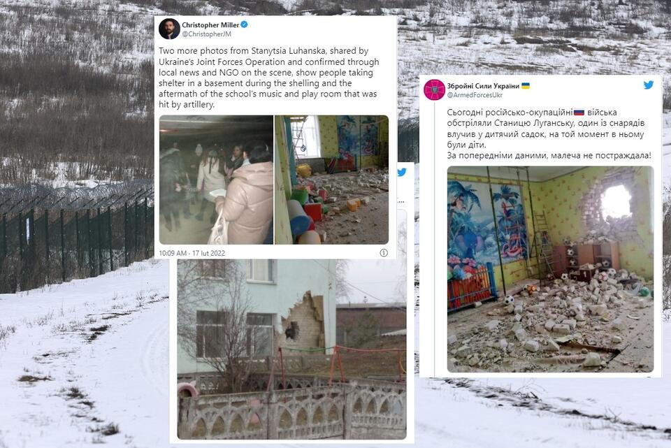 W tle zdjęcie granicy ukraińsko-rosyjskiej; zdjęcia przedstawiające ostrzał przedszkola w Ługańsku / autor: PAP/EPA; Twitter
