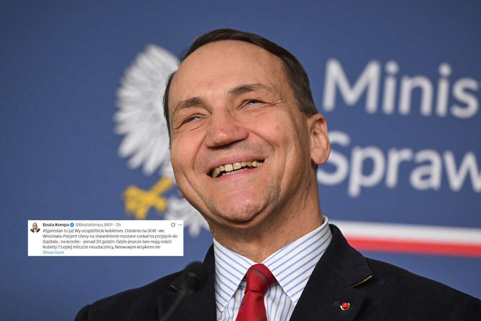 Na zdjęciu Radosław Sikorski oraz wpis Beaty Kempy (screen z X) / autor: PAP/Radek Pietruszka/X-Beata Kempa (screen)