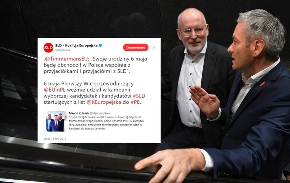 Wiceszef KE Frans Timmermans i lider Wiosny Robert BIedroń; tweet SLD / autor: PAP/Radek Pietruszka; Twitter/SLD