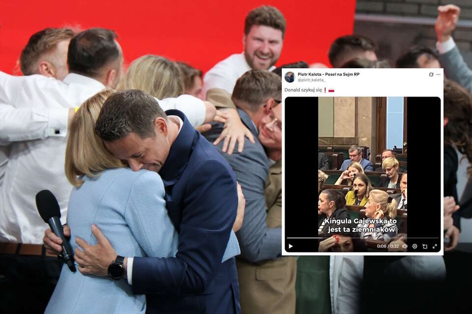 Uśmiechnięta koalicja w "euforii" po zwycięstwie Karola Nawrockiego / autor: PAP-Paweł Supernak/X-Piotr Kaleta - Poseł na Sejm RP, screen