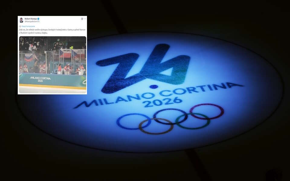 Na zdjęciu logo ZIO wyświetlone na lodzie hokejowym oraz wpis Roberta Rampa (screen z X) / autor: PAP/EPA/X-Robert Rampa (screen)