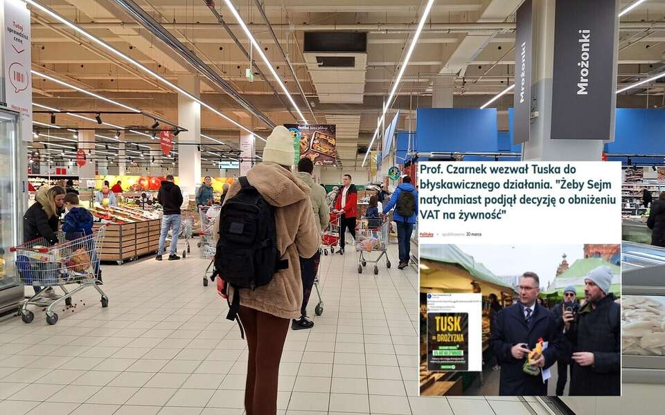 Na zdjęciu ludzie na zakupach w sklepie oraz screen publikacji portalu wPolityce.pl / autor: Fratria/wPolityce