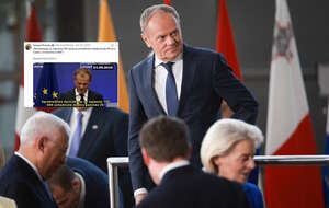 Na zdjęciu Donald Tusk podczas formalnego spotkania członków Rady Europejskiej w Brukseli oraz wpis Samuela Pereiry (screen z X) / autor: PAP/EPA/X-Samuel Pereira (screen)