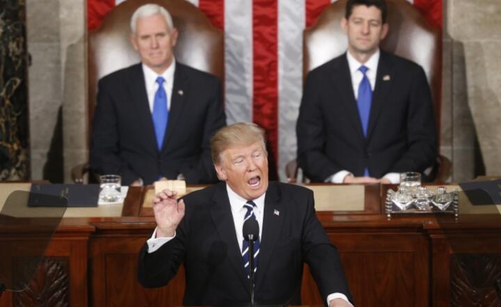 Prezydent Donald Trump przemawia na Kapitolu, fot. PAP/EPA/Michael Reynolds