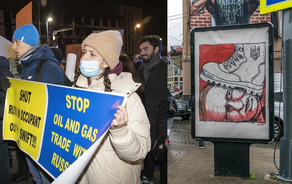 Protest przed ambasadą Rosji w Warszawie. Uczestnicy domagają się embarga na rosyjską ropę i gaz/Plakat na ulicach Lwowa / autor: Fratria