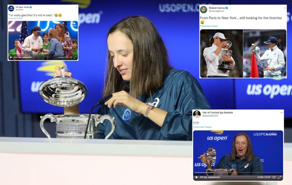 Iga Świątek podczas konferencji prasowej po wygranym finale wielkoszlemowego turnieju tenisowego US Open; Wpisy z Twittera / autor: PAP/Marcin Cholewiński; Twitter (screeny)