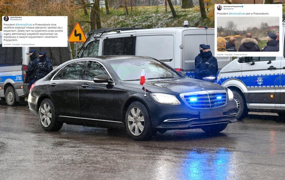 Samochód z prezydentem RP Andrzejem Dudą na miejscu eksplozji w Przewodowie / autor: PAP/Wojtek Jargiło