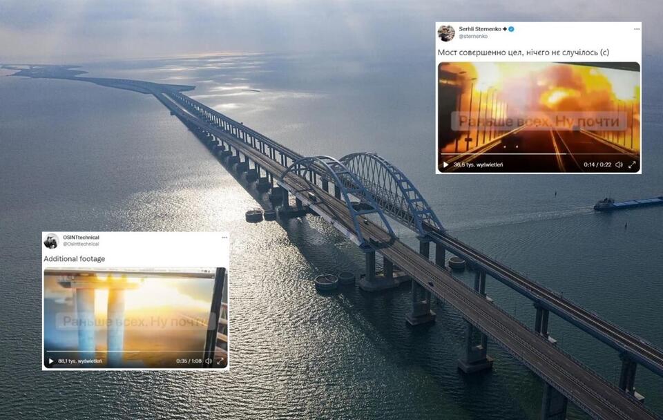 Most Krymski/ Nagrania z Twittera, z momentu wybuchu mostu / autor: commons.wikimedia.org/Росавтодор/CC BY 4.0; Twitter (screeny)