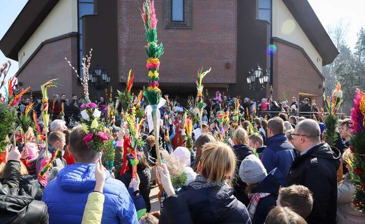 Początek liturgii mszy w Niedzielę Palmową - wierni przed świątynią z palemkami w dłoniach / autor: Fratria /ZK 