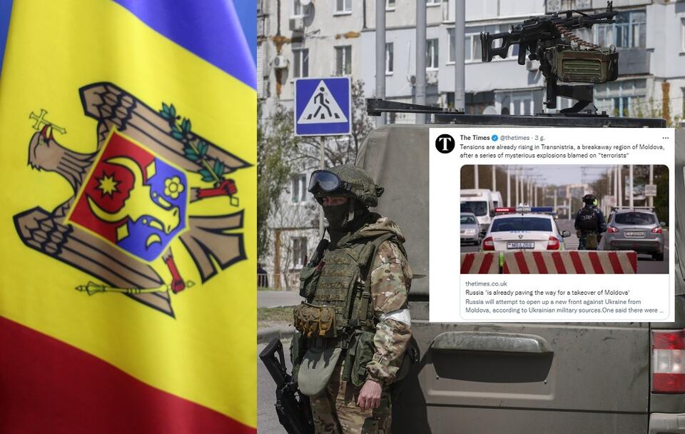 Flaga Mołdawii; rosyjski żołnierz na Ukrainie / autor: Fratria; PAP/EPA; Twitter/The Times