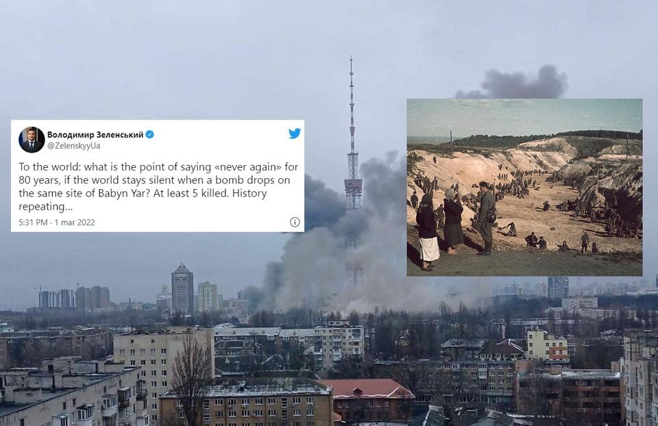 w tle - ostrzał wieży telewizyjnej w Kijowie; w miniaturze - Babi Jar / autor: screenshot/Twitter; wikimedia commons/Johannes Hähle - https://loznitsa.com//domena publiczna