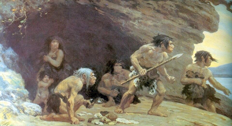 Neandertalczycy / autor: By Charles R. Knight - http://donglutsdinosaurs.com/knight-neanderthals/, Public Domain, https://commons.wikimedia.org/w/index.php?curid=18725346